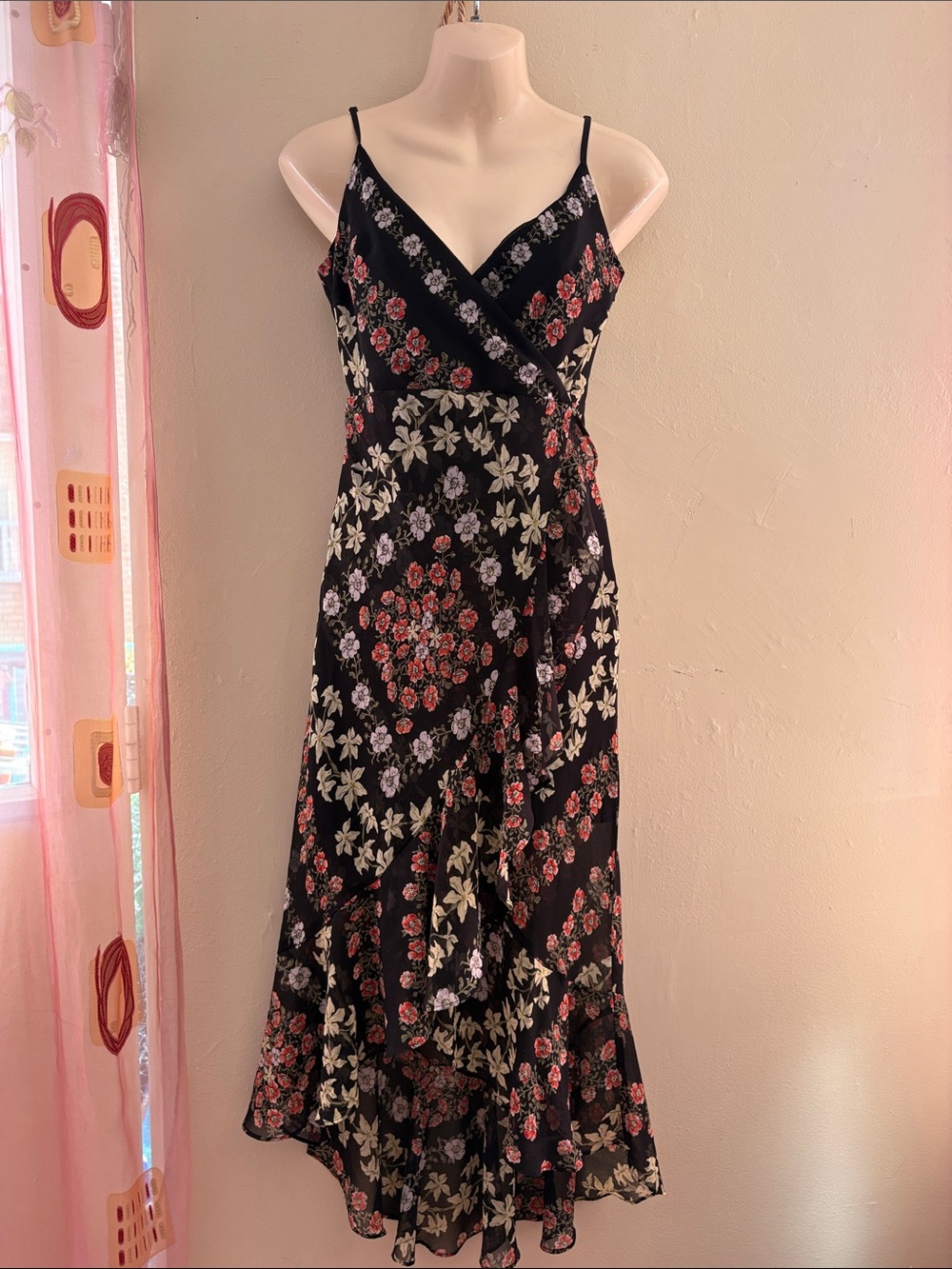 GUESS Black Floral Maxi Dress with Red and Cream Flowers